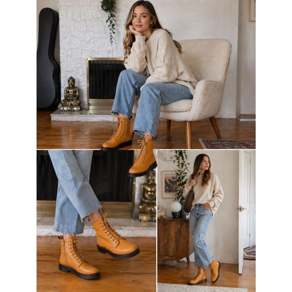 Tamara London Devon Leather Combat Boots – Mustard / Lace-Up / Ankle Zip